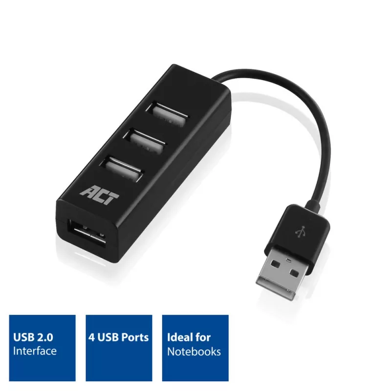 Hub USB ACT AC6205 2.0 480 Mbit/s negro 0,12 m