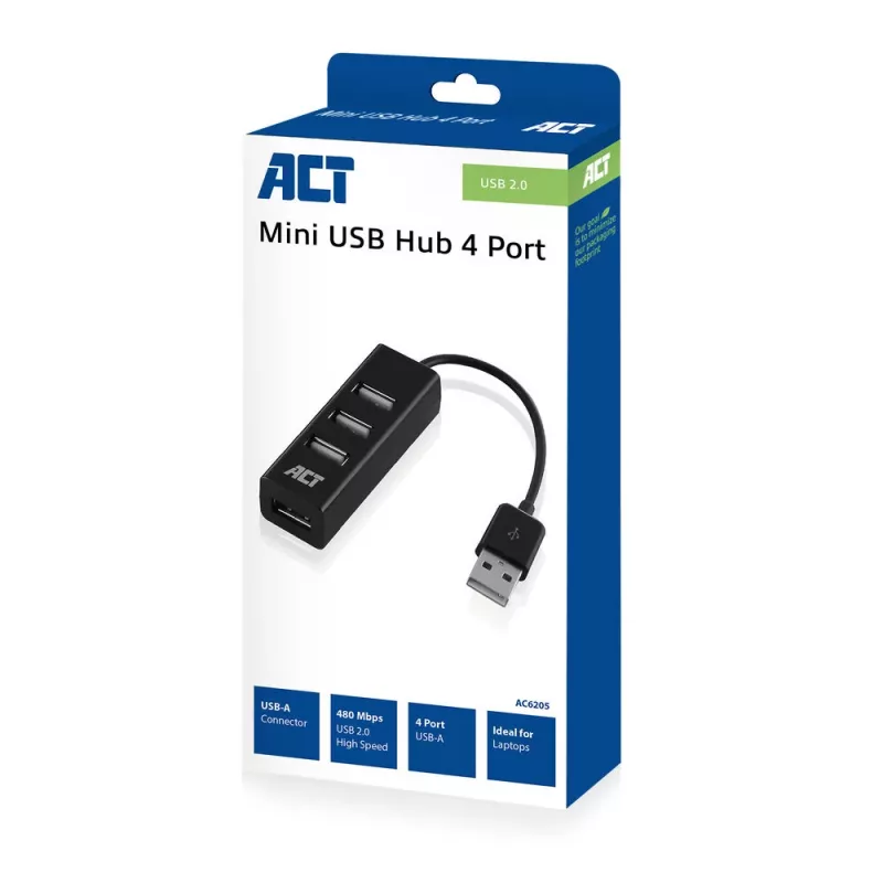 Hub USB ACT AC6205 2.0 480 Mbit/s negro 0,12 m