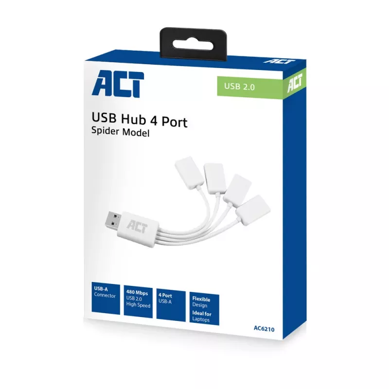 Hub USB ACT 4 puertos USB-A flexible USB 3.2 Gen 1 blanco 480 Mbit/s