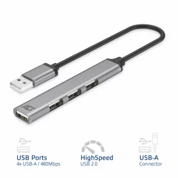 Hub USB 2.0 ACT AC6225 480 Mbit/s gris aluminio