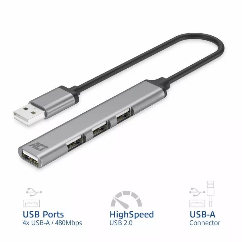 Hub USB 2.0 ACT AC6225 480 Mbit/s gris aluminio