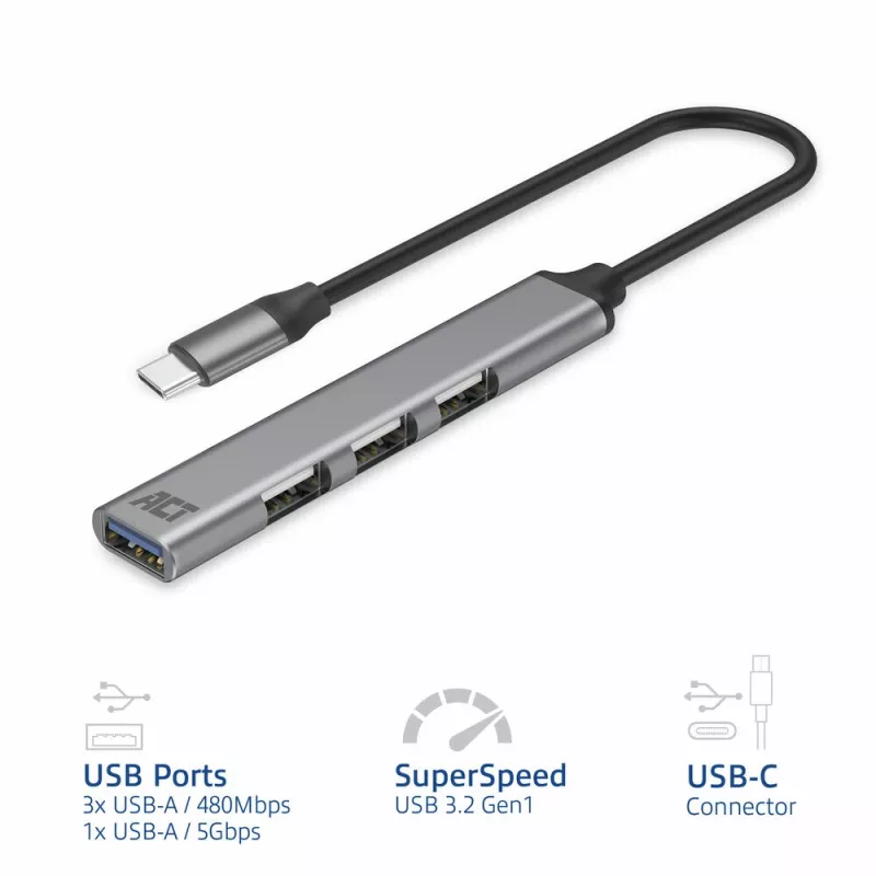 Hub USB ACT AC6425 Type-C 5000 Mbit/s aluminio gris