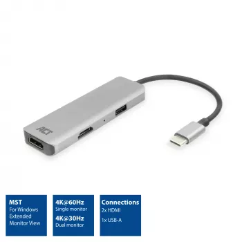 Adaptador multipuerto USB-C 4K ACT para 2 monitores HDMI, puerto de datos USB-A