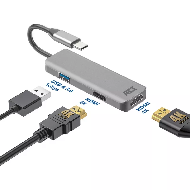 Adaptador multipuerto USB-C 4K ACT para 2 monitores HDMI, puerto de datos USB-A