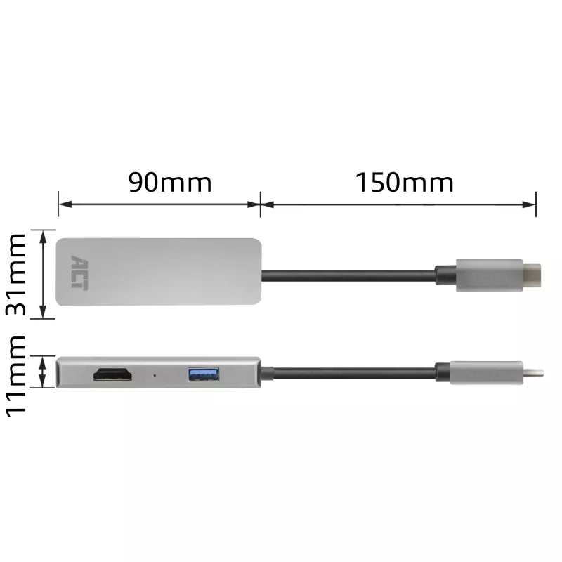 Adaptador multipuerto USB-C 4K ACT para 2 monitores HDMI, puerto de datos USB-A