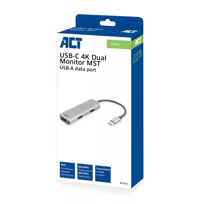 Adaptador multipuerto USB-C 4K ACT para 2 monitores HDMI, puerto de datos USB-A
