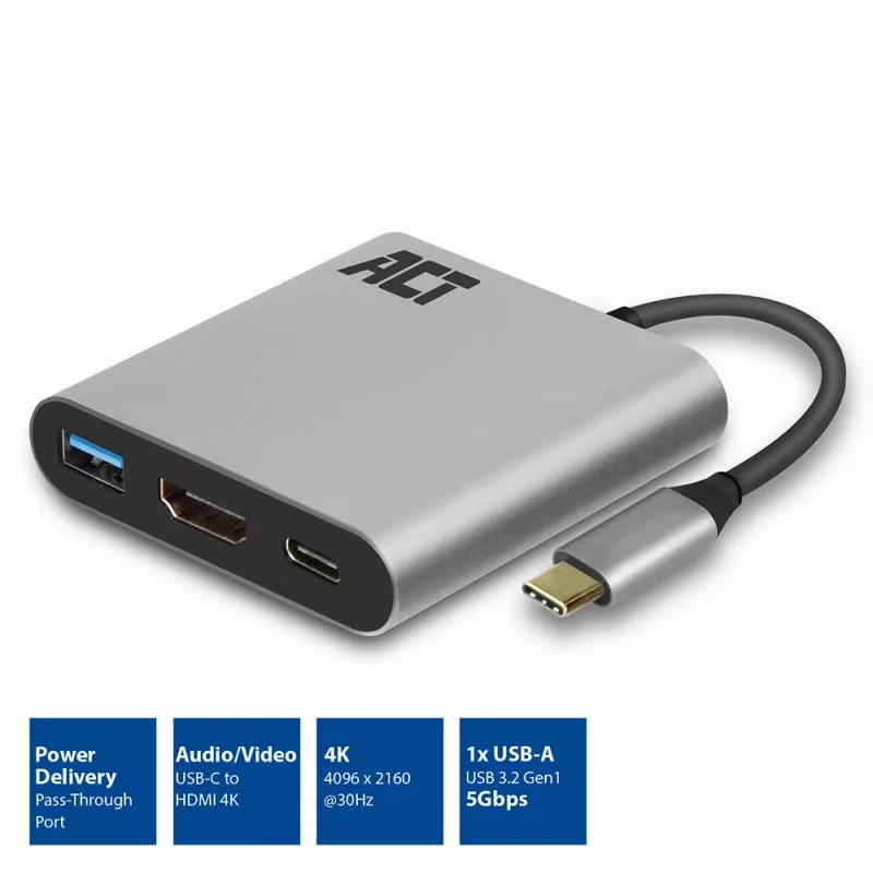 Adaptador multipuerto USB-C ACT para 1 monitor HDMI, 1x USB-A, PD pass-through