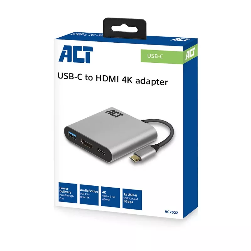 Adaptador multipuerto USB-C ACT para 1 monitor HDMI, 1x USB-A, PD pass-through