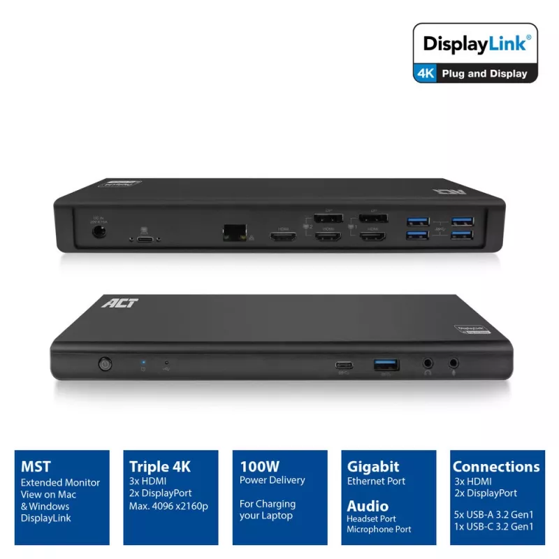 Docking station USB-C 4K ACT, para 2 o 3 monitores HDMI/DisplayPort, DisplayLink
