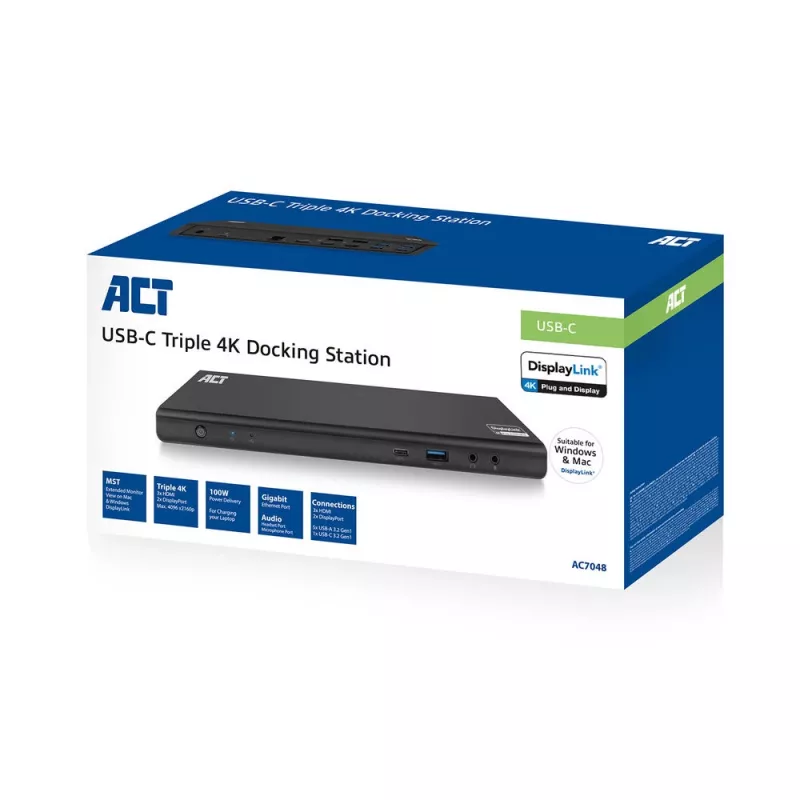 Docking station USB-C 4K ACT, para 2 o 3 monitores HDMI/DisplayPort, DisplayLink