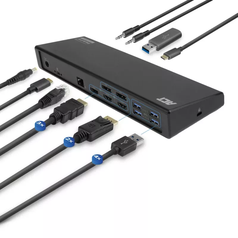 Docking station USB-C 4K ACT, para 2 o 3 monitores HDMI/DisplayPort, DisplayLink