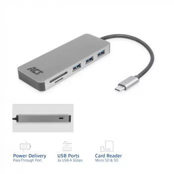 Hub USB-C 3.0 ACT, 3x USB-A, lector de tarjetas, PD pass-through