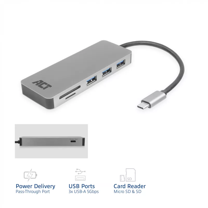 Hub USB-C 3.0 ACT, 3x USB-A, lector de tarjetas, PD pass-through