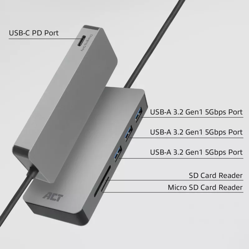 Hub USB-C 3.0 ACT, 3x USB-A, lector de tarjetas, PD pass-through