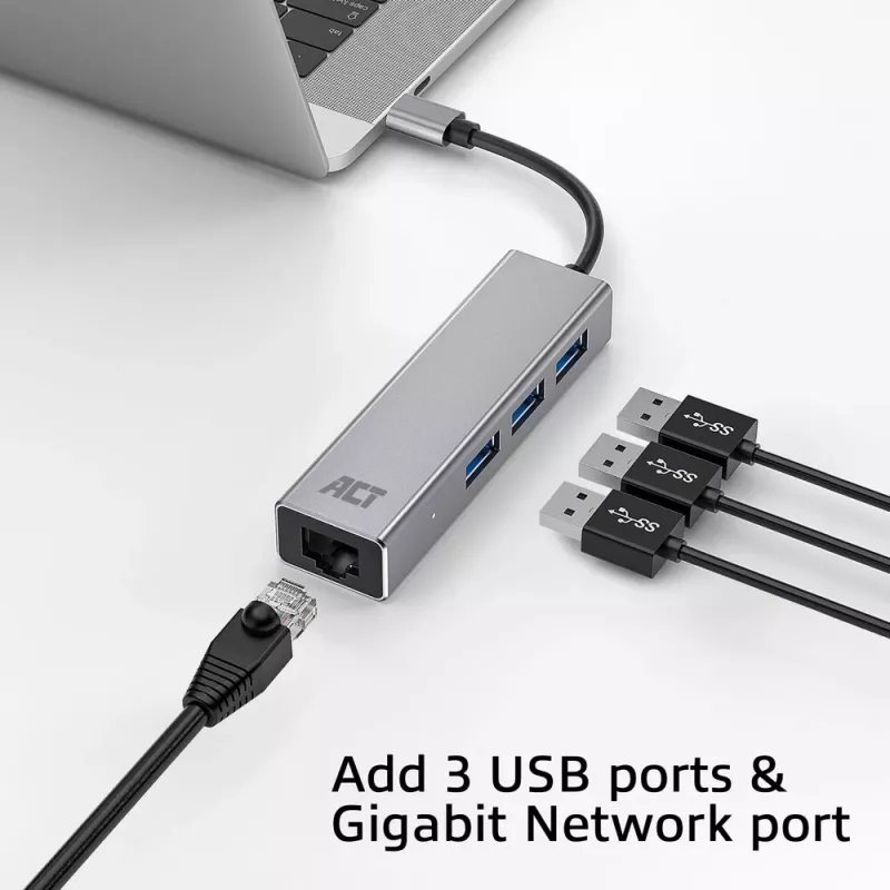 Hub USB-C ACT AC7055 3x USB-A Gigabit Ethernet