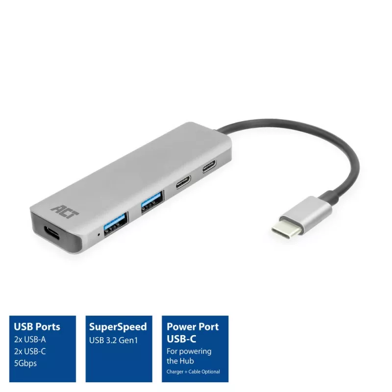 Hub USB 3.2 Gen 1 Type-C ACT AC7072 5000 Mbit/s negro gris