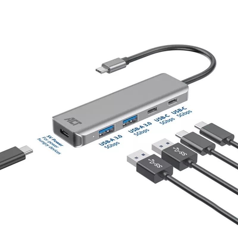 Hub USB 3.2 Gen 1 Type-C ACT AC7072 5000 Mbit/s negro gris