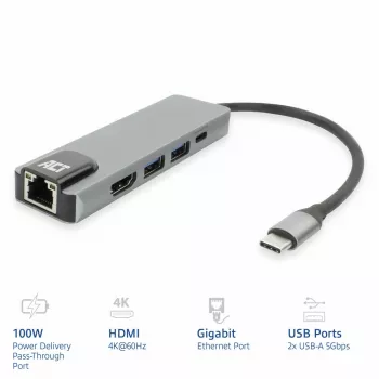 Docking station USB-C 4K ACT para 1 monitor HDMI, Ethernet, USB-A, PD pass-through
