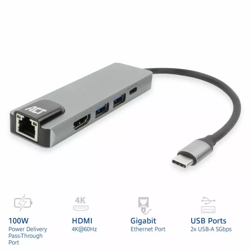 Docking station USB-C 4K ACT para 1 monitor HDMI, Ethernet, USB-A, PD pass-through