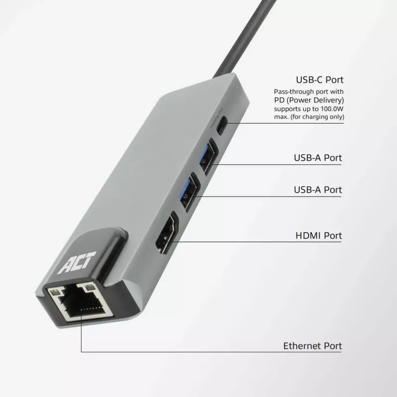 Docking station USB-C 4K ACT para 1 monitor HDMI, Ethernet, USB-A, PD pass-through