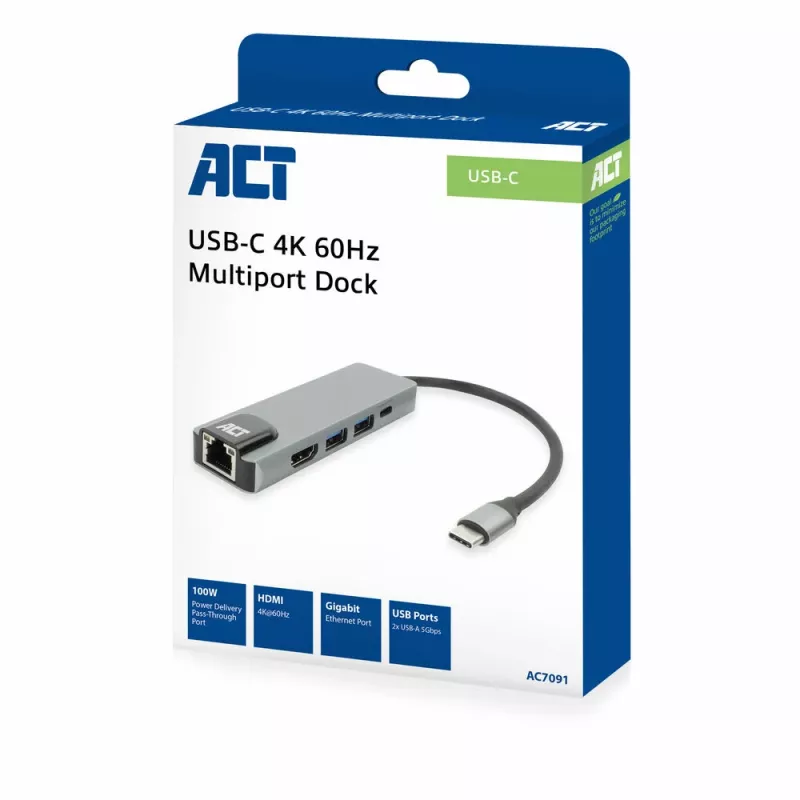Docking station USB-C 4K ACT para 1 monitor HDMI, Ethernet, USB-A, PD pass-through