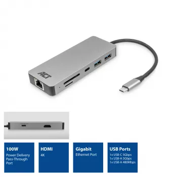 Docking station USB-C 4K ACT para 1 monitor HDMI, Ethernet, USB-C, USB-A, lector de tarjetas y PD pass-through