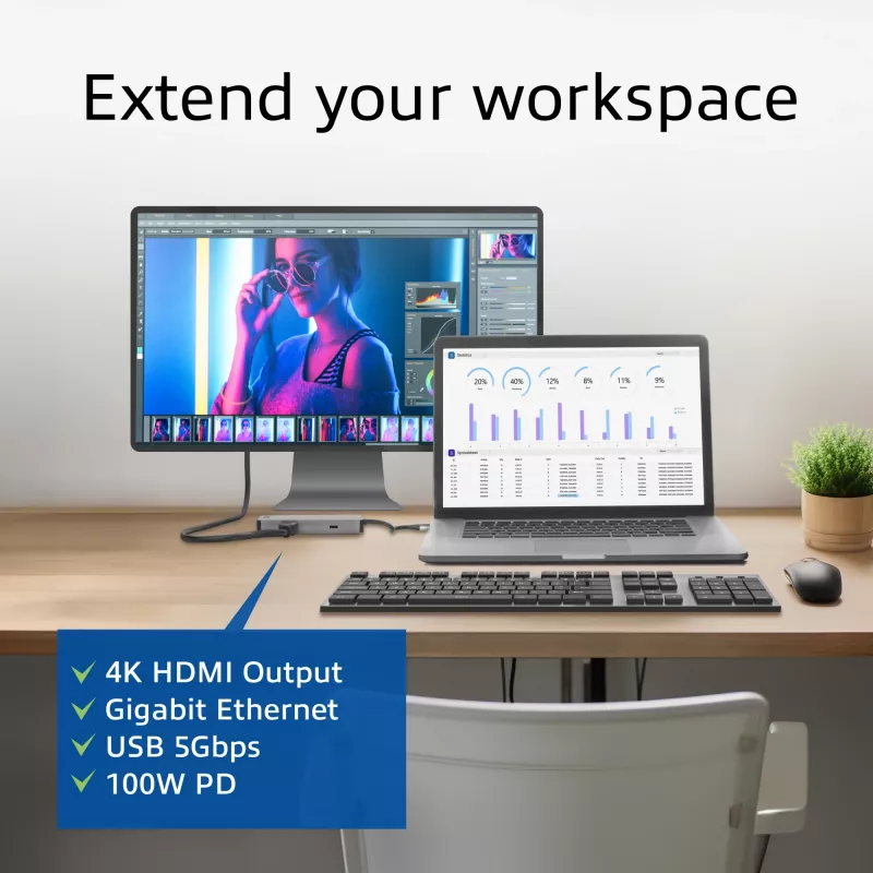 Docking station USB-C 4K ACT para 1 monitor HDMI, Ethernet, USB-C, USB-A, lector de tarjetas y PD pass-through