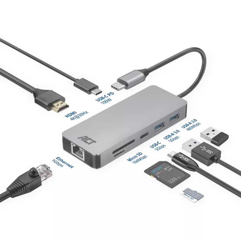 Docking station USB-C 4K ACT para 1 monitor HDMI, Ethernet, USB-C, USB-A, lector de tarjetas y PD pass-through