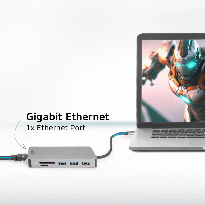 Docking station USB-C 4K ACT para 1 monitor HDMI, Ethernet, USB-C, USB-A, lector de tarjetas y PD pass-through