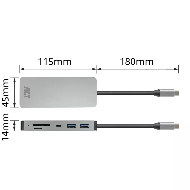 Docking station USB-C 4K ACT para 1 monitor HDMI, Ethernet, USB-C, USB-A, lector de tarjetas y PD pass-through