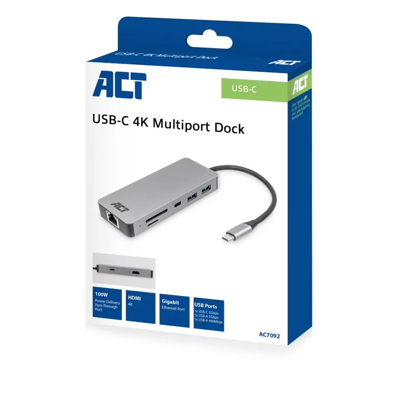 Docking station USB-C 4K ACT para 1 monitor HDMI, Ethernet, USB-C, USB-A, lector de tarjetas y PD pass-through