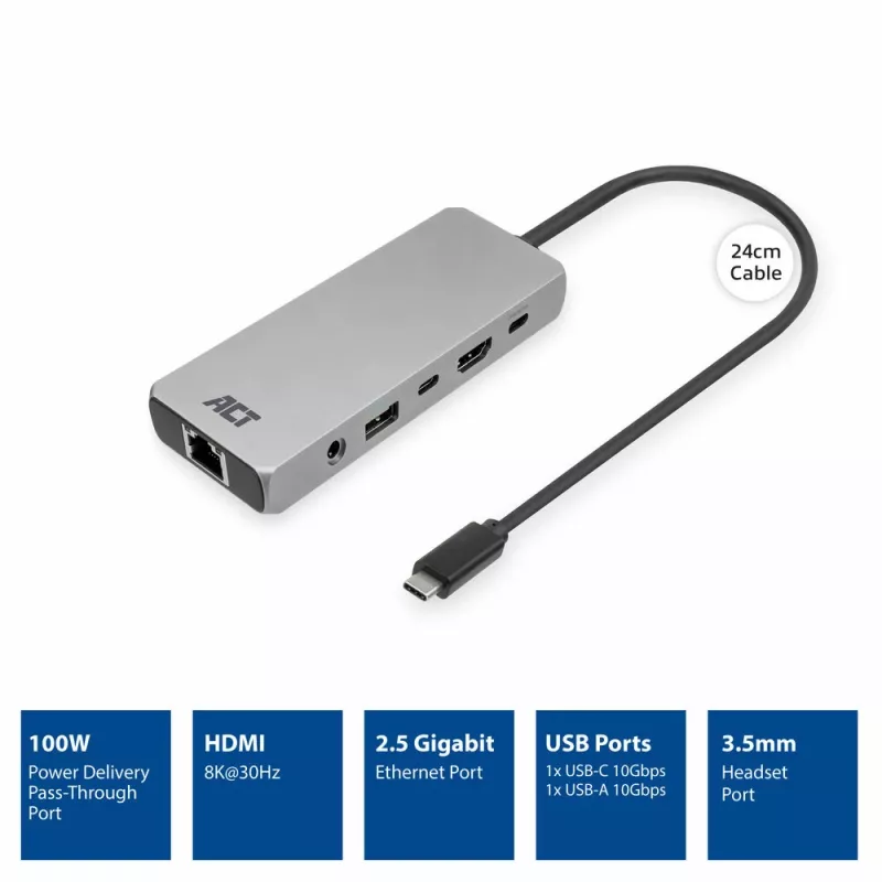 ACT AC7095 base de conexión USB-C, USB 3.2 Gen 1, con cable, gris