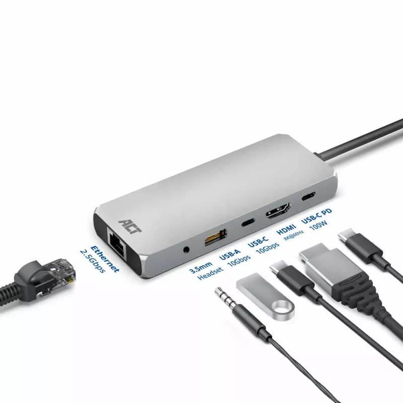ACT AC7095 base de conexión USB-C, USB 3.2 Gen 1, con cable, gris