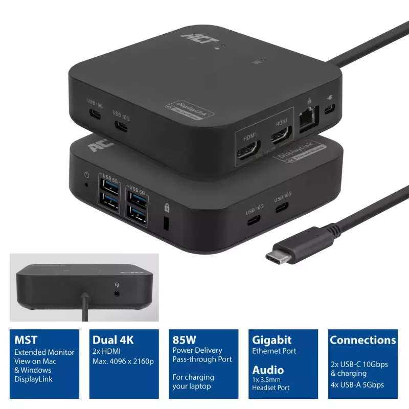 Docking station universal USB-C 4K ACT, para 2 monitores HDMI/DisplayPort, DisplayLink, diseño compacto