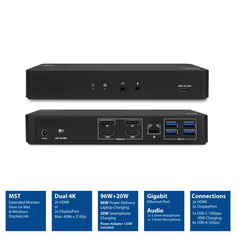 Docking station USB-C 4K ACT, para 2 monitores HDMI o DisplayPort, DisplayLink