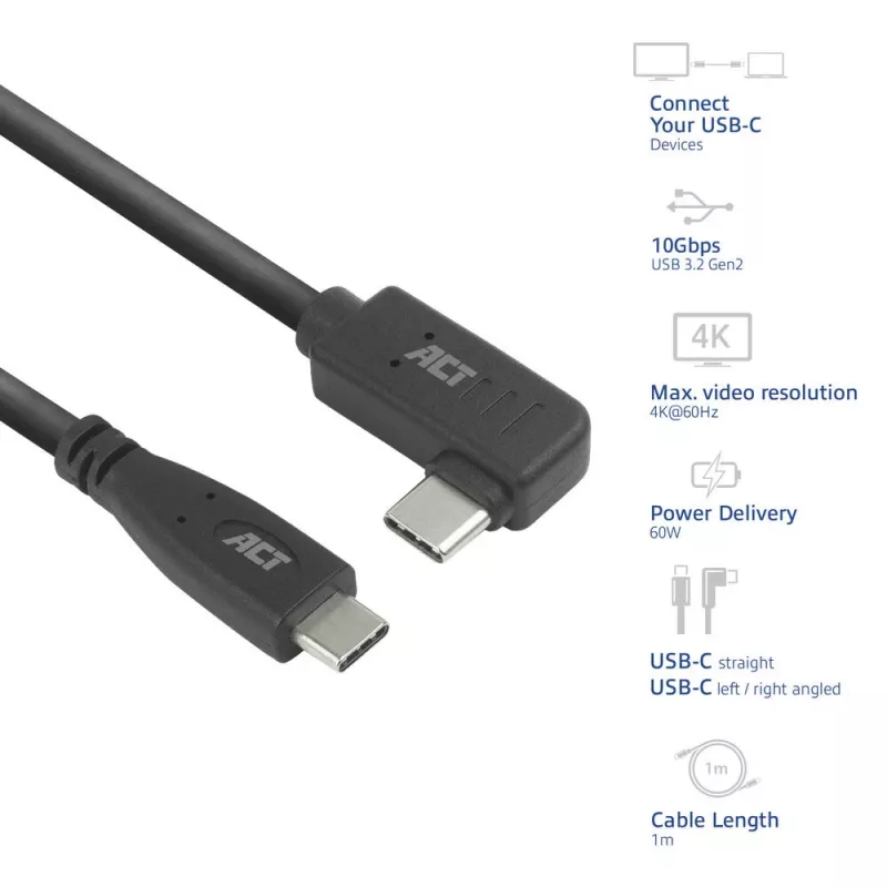 Cable ACT USB 3.0 en ángulo USB-C 1 metro 5 Gbit/s Negro