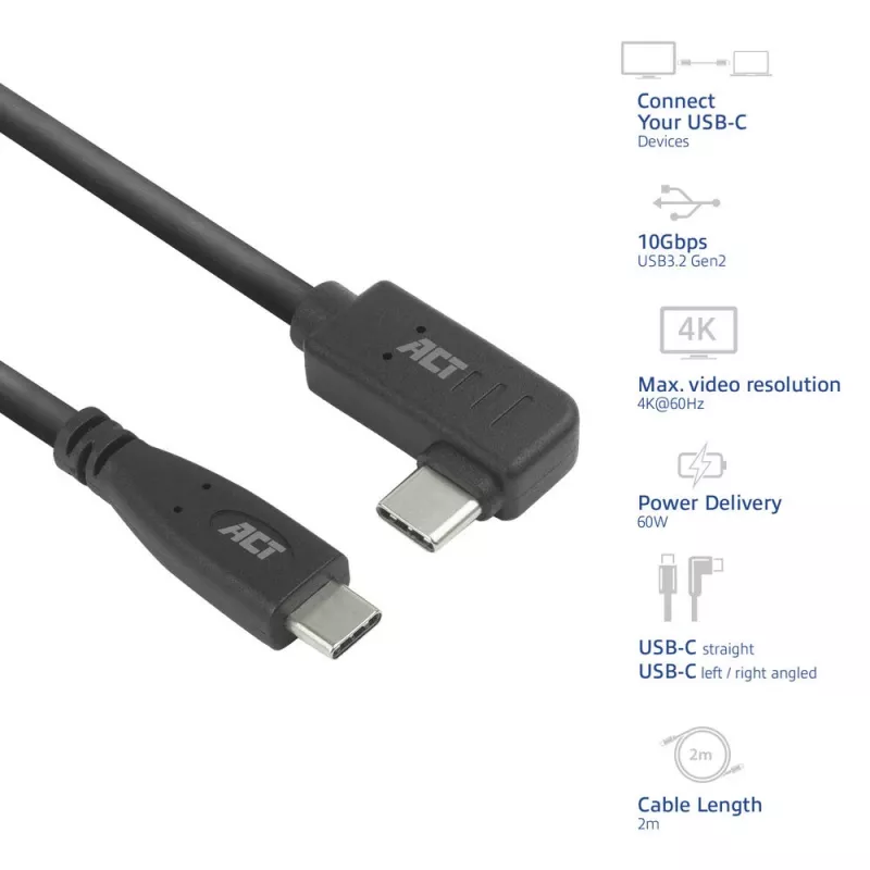 Cable ACT USB 3.0 en ángulo USB-C 2 metros 5 Gbit/s Negro