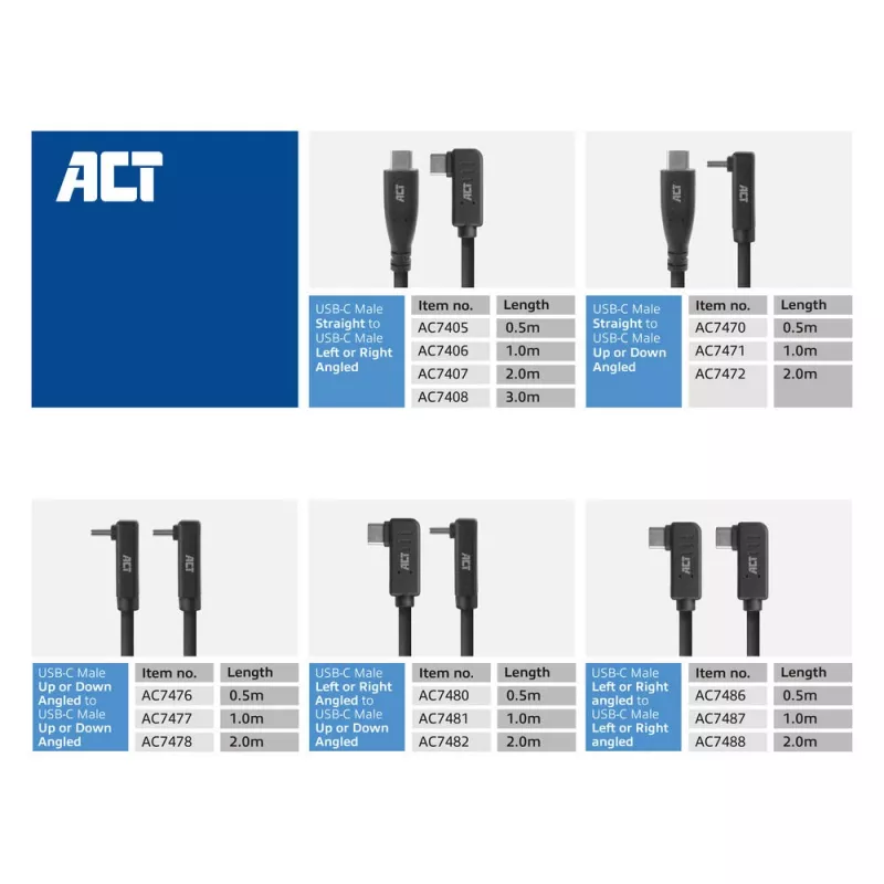 Cable ACT USB 3.0 en ángulo USB-C 2 metros 5 Gbit/s Negro