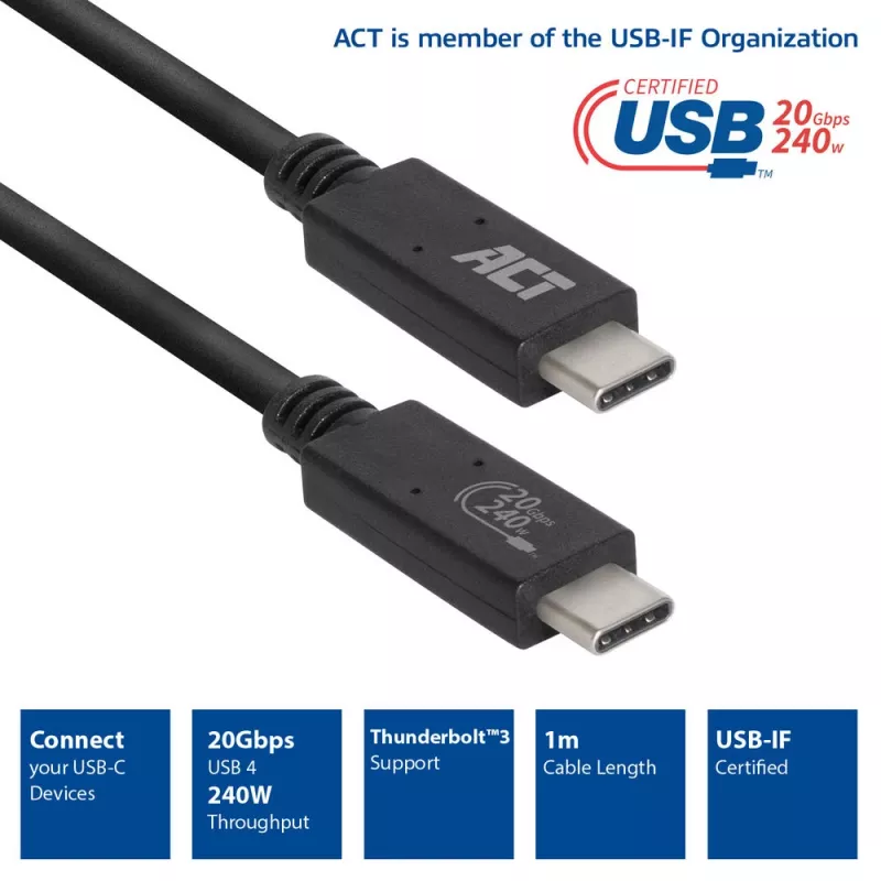 Cable ACT USB4® 20Gbps, USB-C, certificado USB-IF, 1 metro