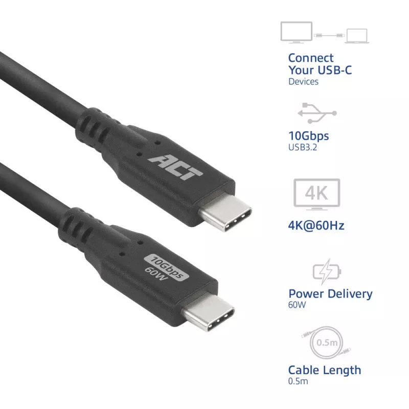 Cable ACT USB 3.0 10Gbps 60W USB Type-C 0,5 m Negro