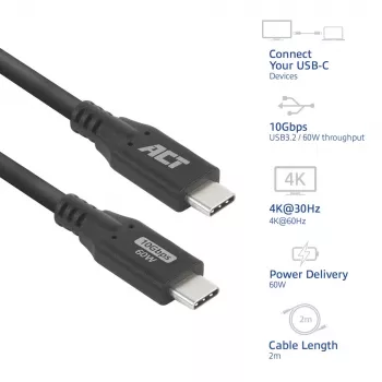 Cable USB Type-C ACT AC7442 2 m 10Gbps 60W Negro