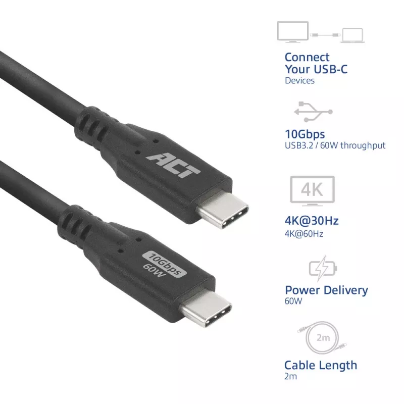 Cable USB Type-C ACT AC7442 2 m 10Gbps 60W Negro