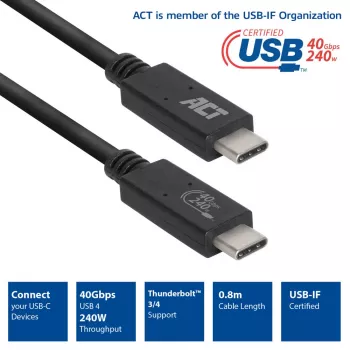 Cable ACT USB4® 40Gbps 240W USB Type-C®, certificado USB-IF, 0,8 metros