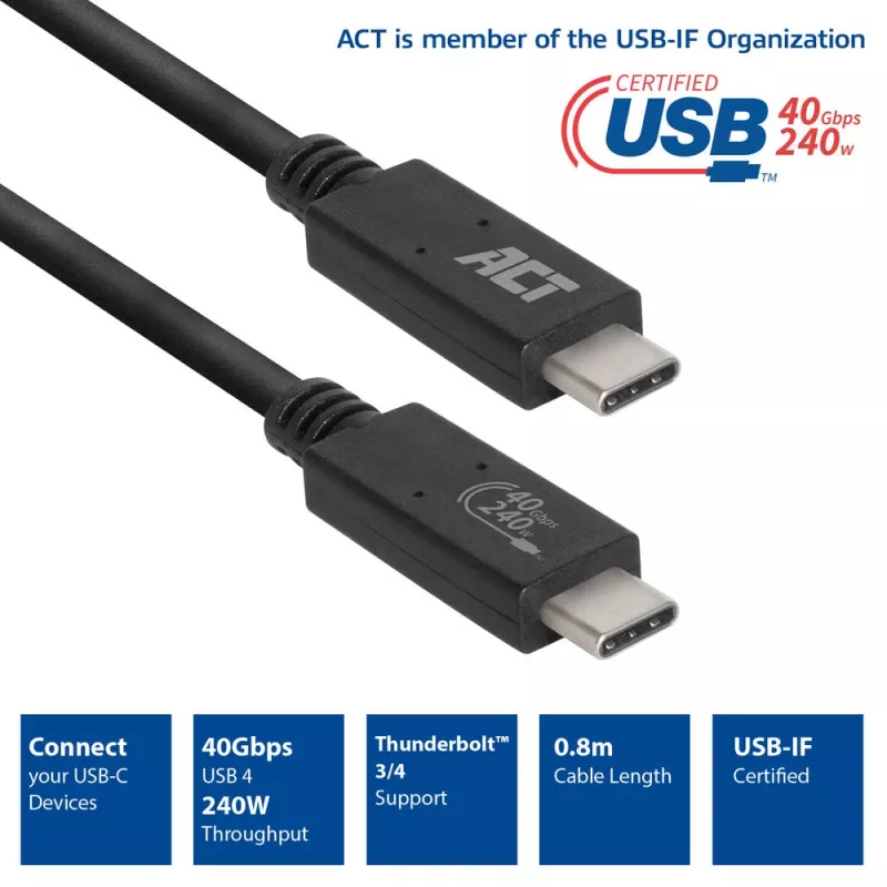 Cable ACT USB4® 40Gbps 240W USB Type-C®, certificado USB-IF, 0,8 metros