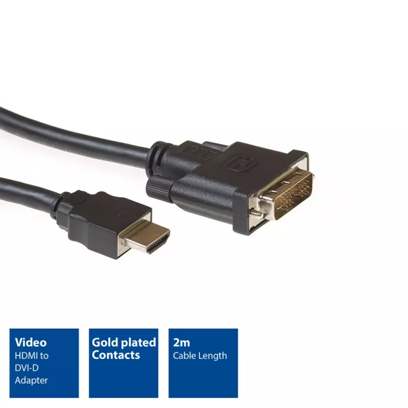 Cable adaptador ACT HDMI a DVI-D de 2 metros, HDMI-A macho – DVI-D Single-Link macho 18+1