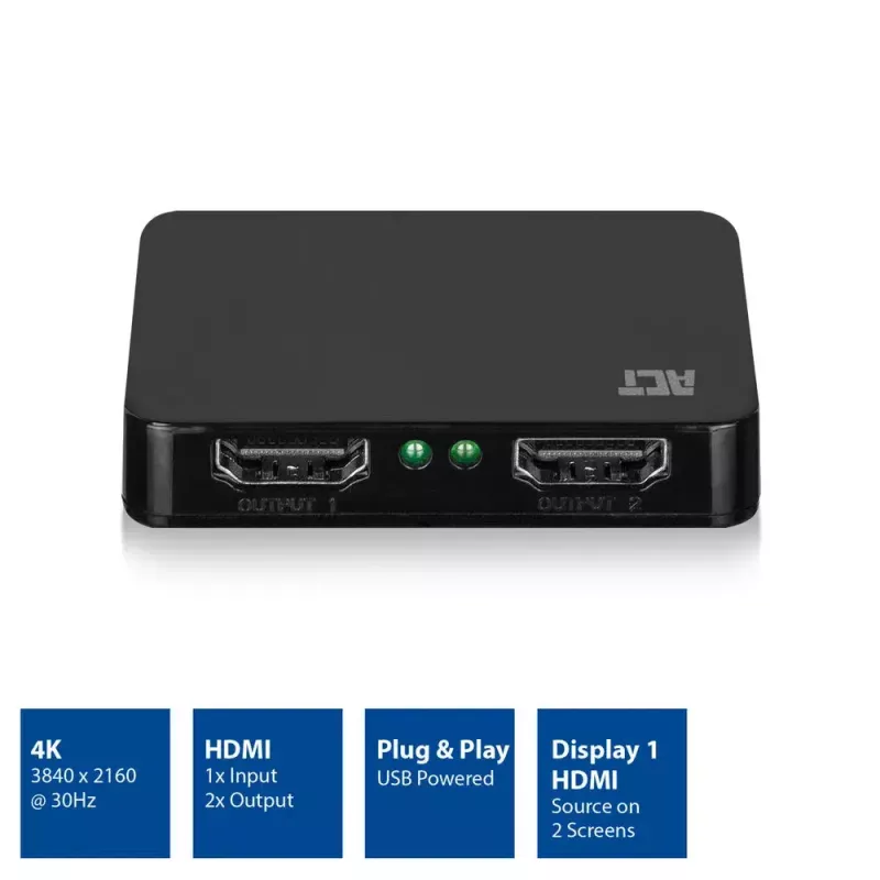 Splitter ACT HDMI 1.4 4K 2 puertos 3840 x 2160 píxeles Negro