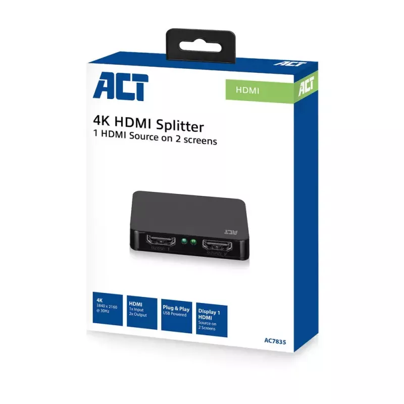 Splitter ACT HDMI 1.4 4K 2 puertos 3840 x 2160 píxeles Negro