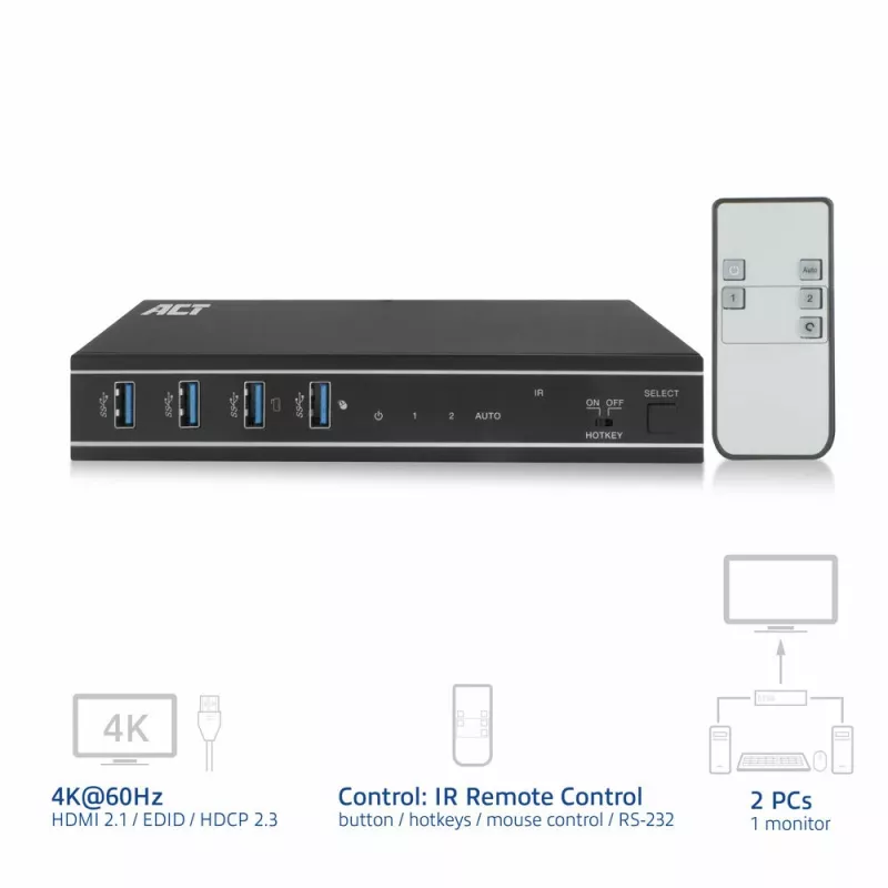 Switch KVM ACT HDMI 4K@60Hz de 2 puertos, USB 3.2 Gen1 (USB 3.0)