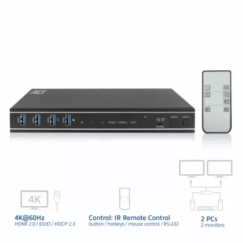 Switch KVM ACT Dual HDMI 4K@60Hz de 2 puertos, USB 3.2 Gen1 (USB 3.0)