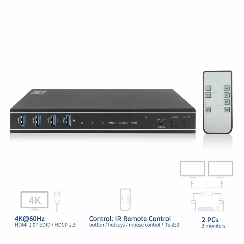 Switch KVM ACT Dual HDMI 4K@60Hz de 2 puertos, USB 3.2 Gen1 (USB 3.0)